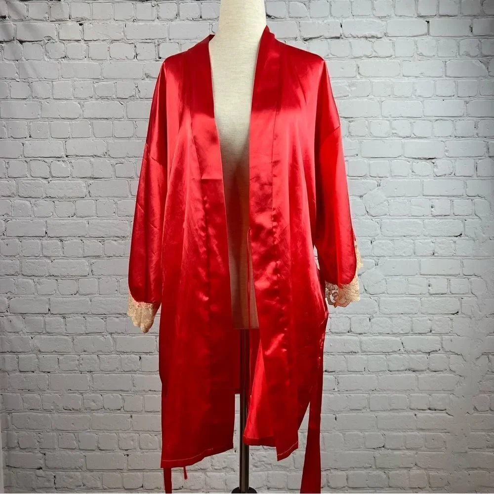 Fredricks of Hollywood Sexy Coral Satin Lace Trimmed Robe with Pockets & Belt